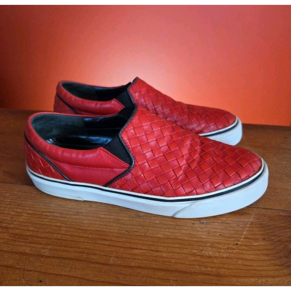 Bottega Veneta Red Weaved Leather Slip On Sneaker Shoes Italy Size EU 39 US 9